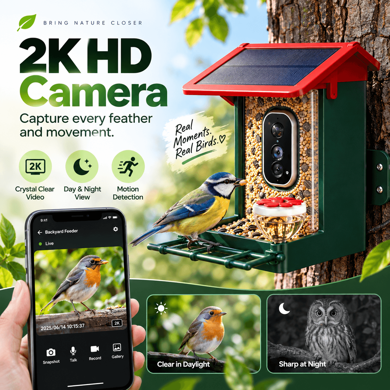 2K HD smart bird feeder camera