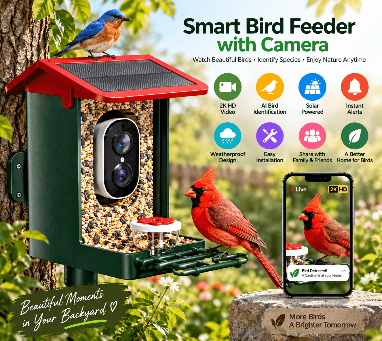 Smart bird feeder with camera in a sunny garden