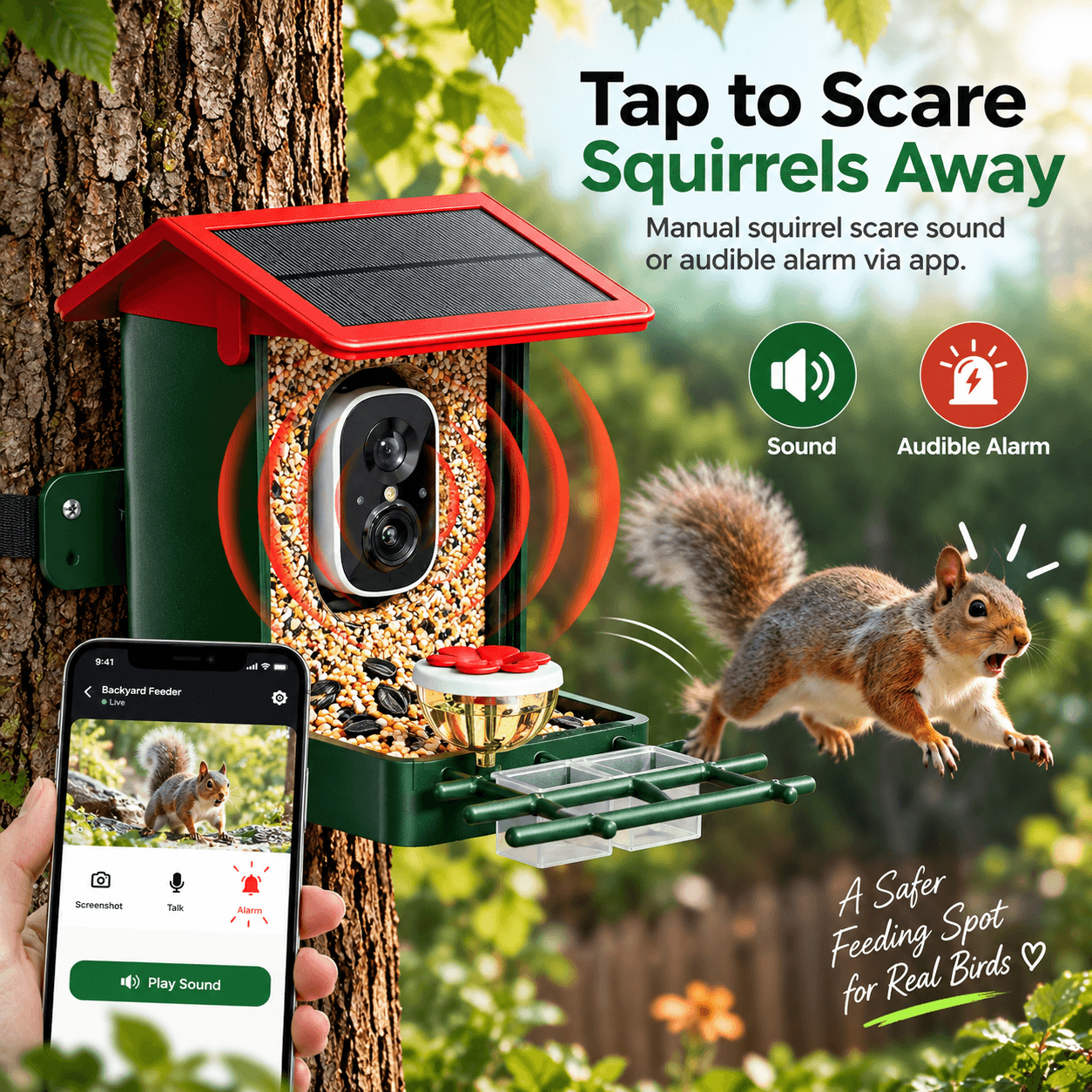 App-based smart bird feeder squirrel deterrent